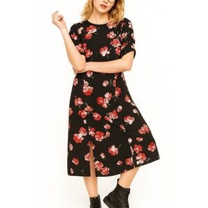 Popsugar Black Floral midi dress with side slit short sleeves L Retro